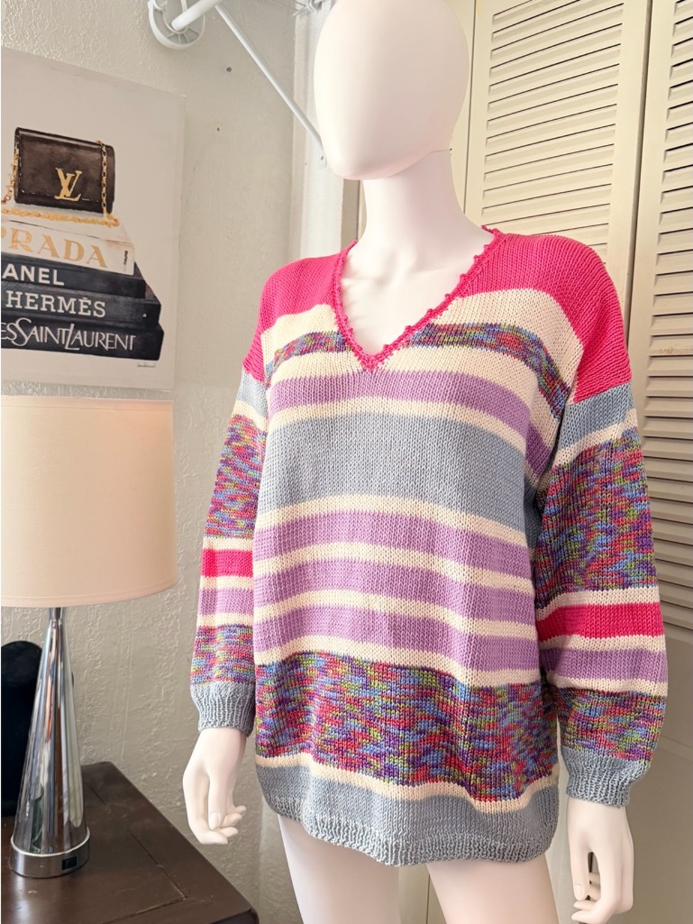 Women's Multicolor Stripe V-Neck Sweater - Pink & Pastel by measurements